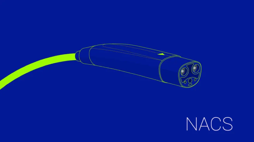 A diagram of a NACS charger, on a blue background. 