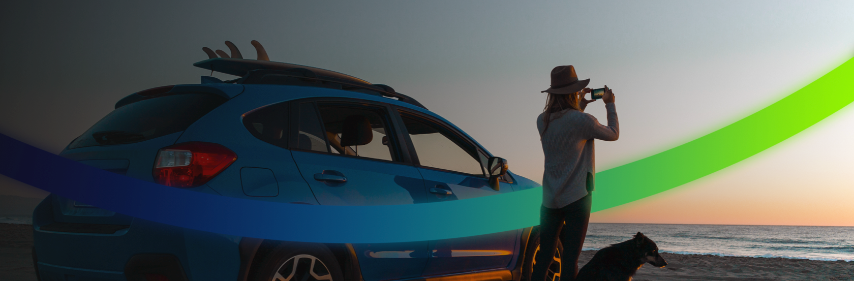 Person with a dog photographing a beach sunset next to a blue car with surfboards on the roof, framed by a flowing blue-green gradient symbolizing energy.