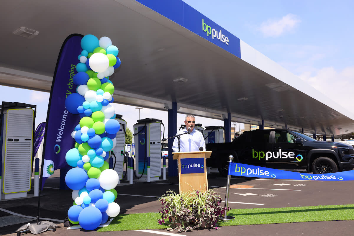 Sujay Sharma speaks at the opening ceremony for bp pulse's new LAX charging hub.