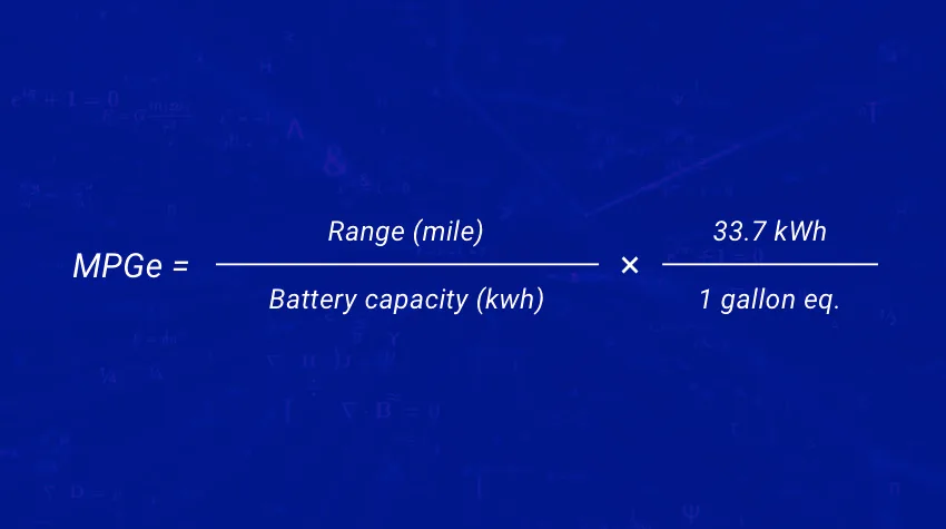 The formula for miles per gallon equivalent (MPGe) = (range in miles / battery capacity in kWh) X (33.7 kWh / 1 gallon eq.)