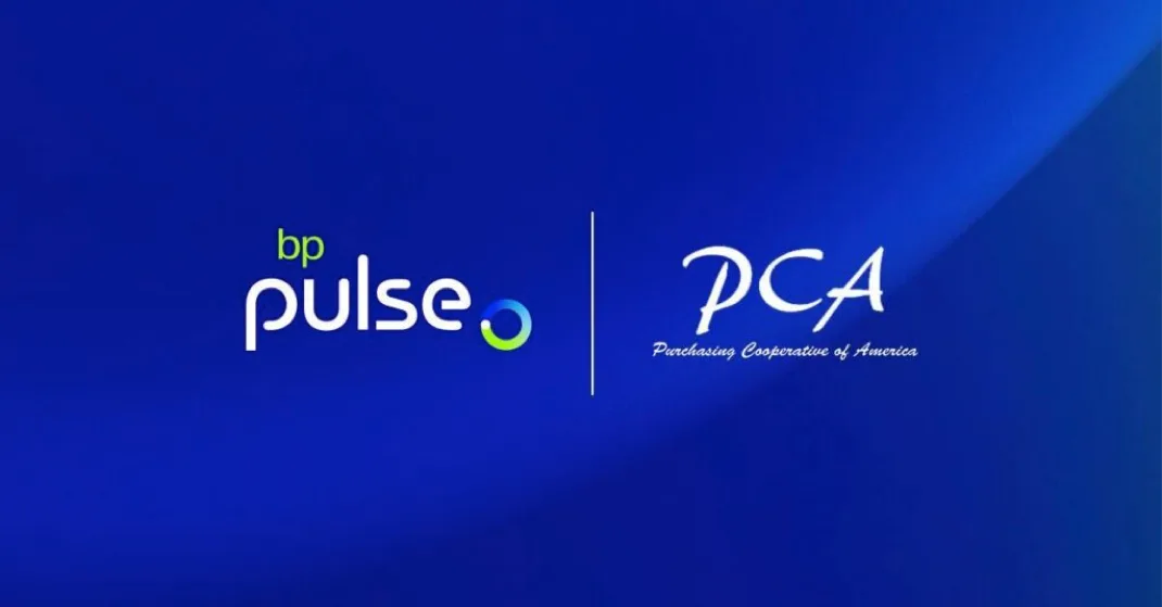 Logos for bp pulse and the Purchasing Cooperative of America on a blue background.