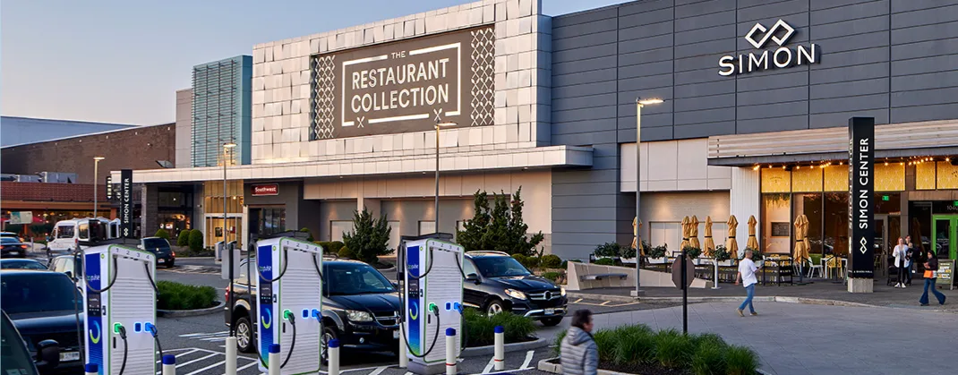 bp pulse chargers outside a Simon shopping, dining, entertainment mall.