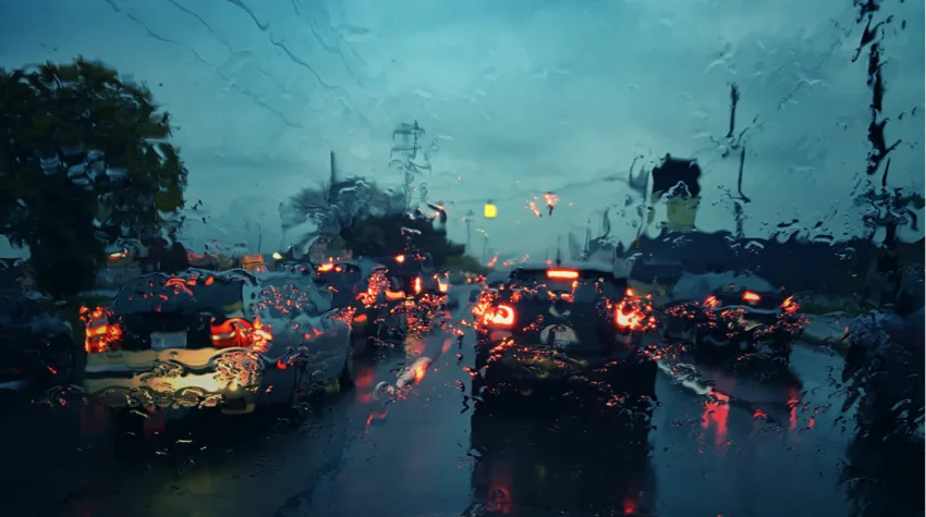A view of the car traffic ahead, from inside a car, on a rainy evening.