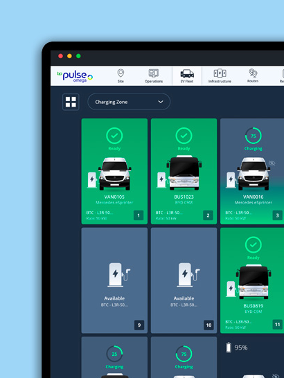 A screen showing a snapshot of the charge management software, specifically showing the dashboard with vehicles and the charging status of each.