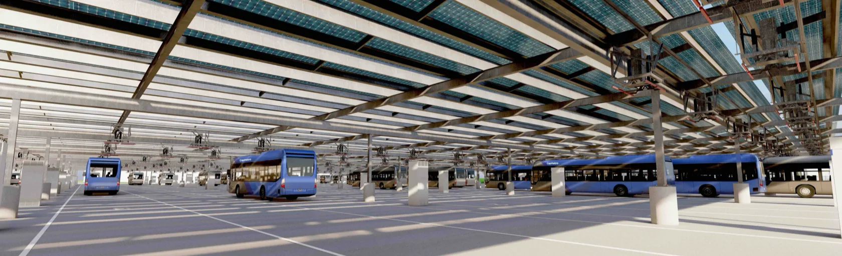 A number of CapMetro's fleet of EV buses parked in their depot with overhead solar-powered charging infrastructure.