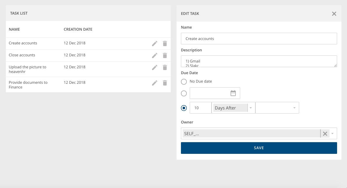 Define Tasks for onboarding