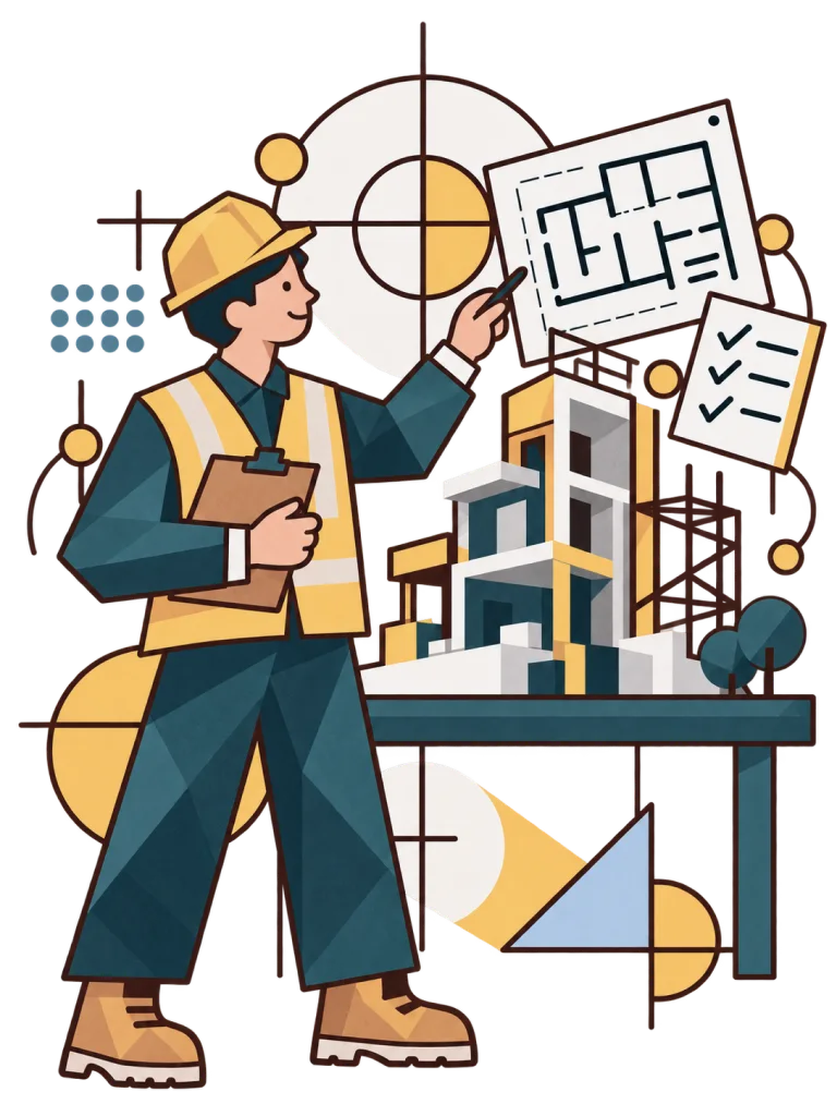 Illustration of an architect inspecting a suspension bridge model alongside rolled blueprints and construction evaluation instruments.