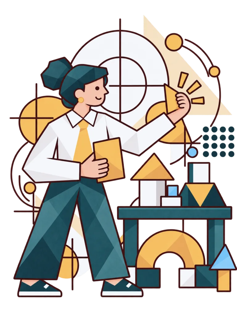 Illustration of a person in business casual dress holding a blueprint beside a scale model of a building with blocks, arches and a crosshair target motif representing site and building analysis.