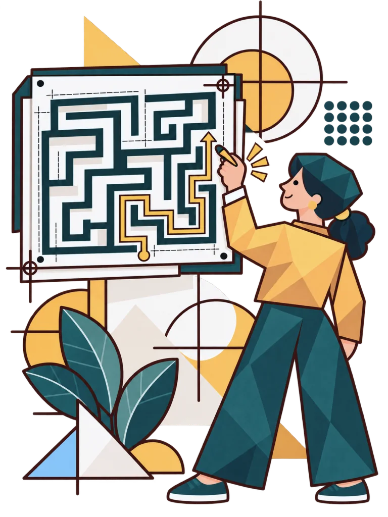 Illustration of a person in business casual dress solving a maze drawn on a drafting board, with potted plants beside them.