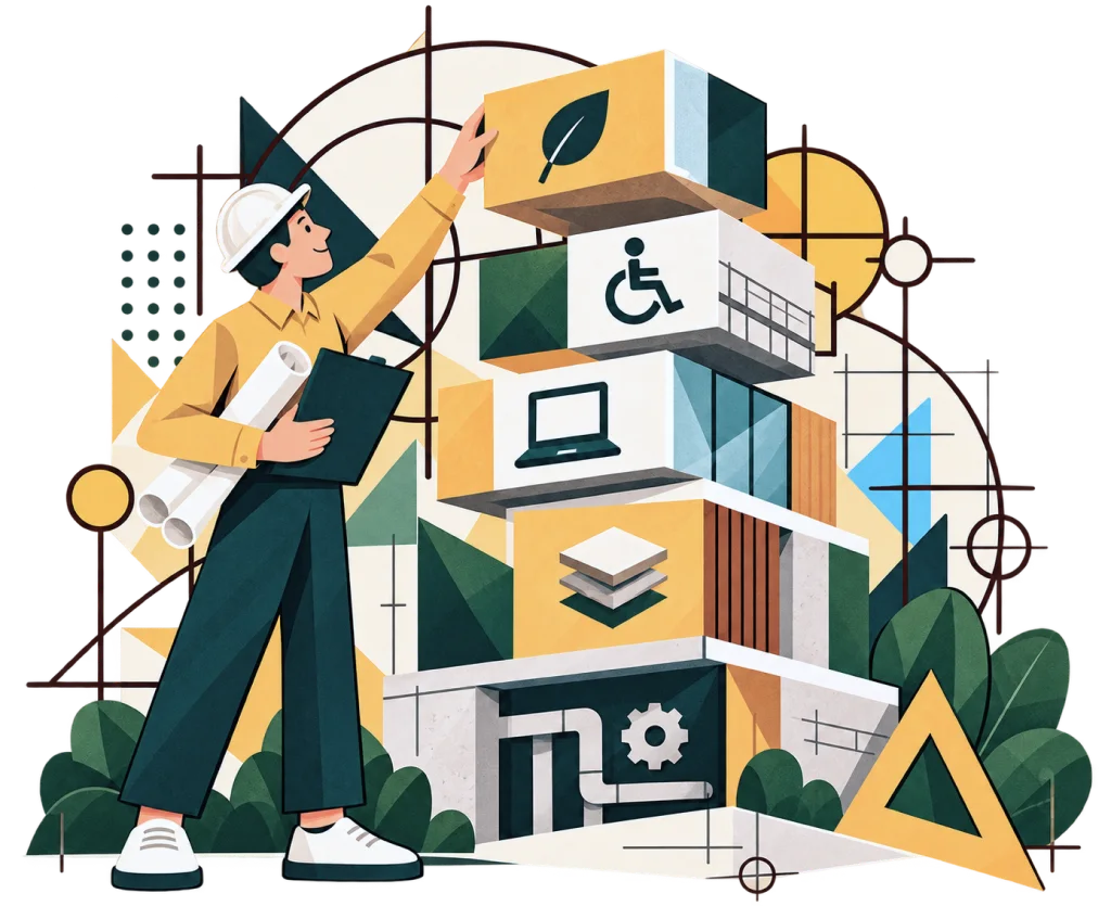 Illustration of an architect in a hard hat holding rolled plans and reaching up to a stack of building blocks marked with a leaf, an accessibility symbol, a laptop and layers.