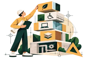 Illustration of an architect in a hard hat reaching up to a stack of building blocks marked with a leaf, an accessibility symbol and a laptop.