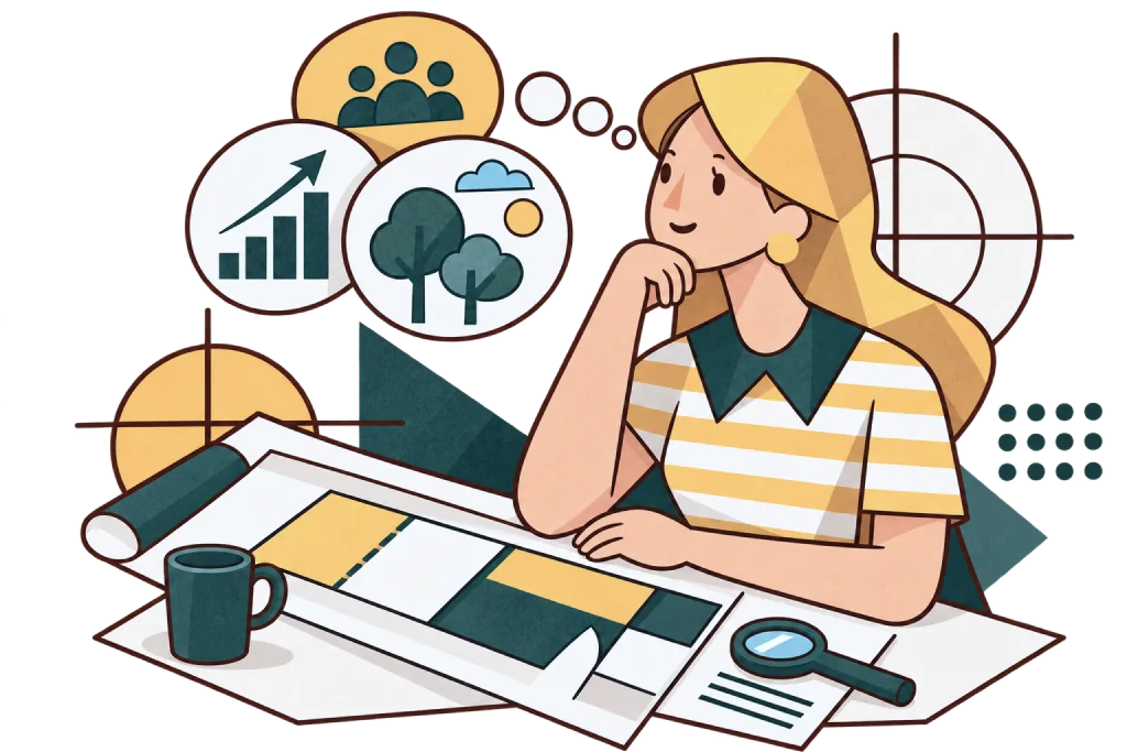 Illustration of a woman at a drafting table, thinking, surrounded by icons for growth, community and sustainability.