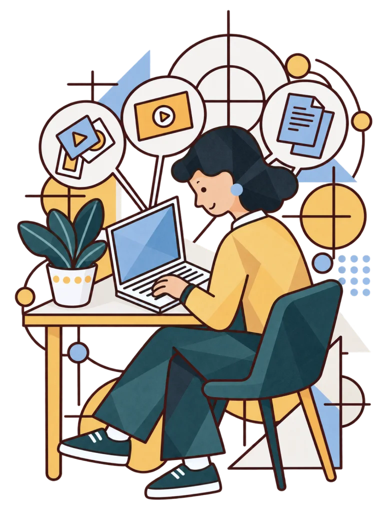 Illustration of a student at a desk surrounded by icons for videos, flashcards and growth.