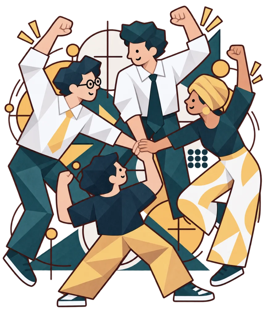 Outline illustration of several hands stacked together in a team gesture.