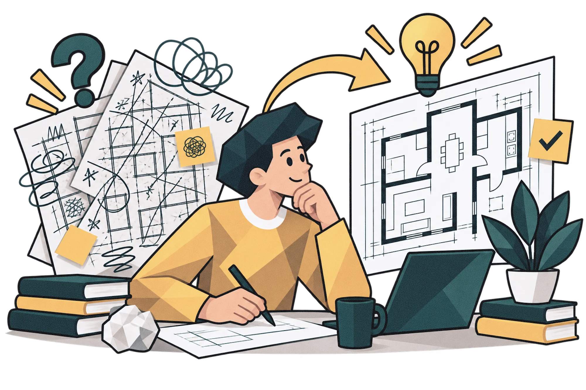 A man thinking at a desk surrounded by ideas and sketches