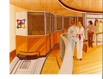 An early WEDway concept rendering shows how the Disney-developed PeopleMover could carry passengers through an airport station. Houston selected the system in 1979, beginning the two-year journey to opening day.