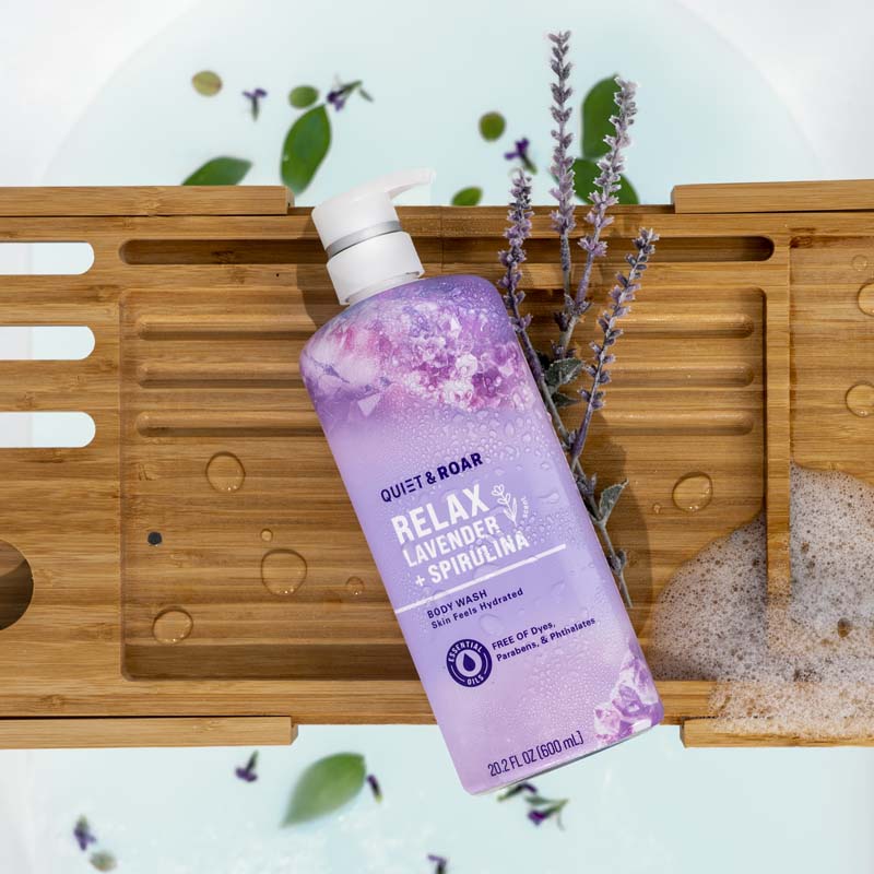 RELAX LAVENDER + SPIRULINA BODY WASH on wood