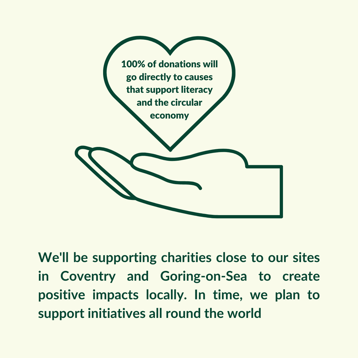 100% of donations raised by the charity will go directly to causes that support literacy and the circular economy.The Wob Foundation will support charities close to our sites in Coventry and Goring-on-Sea to create positive impacts locally. In time, we plan to support initiatives all around the world.