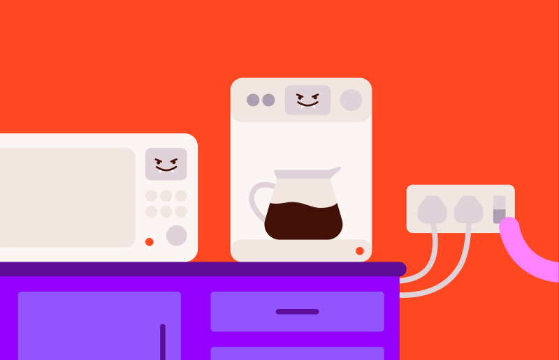 A kitchen scene with a microwave and coffee maker plugged in at the wall socket. They both have 'vampire-like" smiles on the side of them. A hand is turning them off at the plug. Vampire Devices.