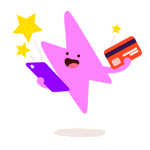 Flash character holding Direct debit card and smart phone with stars