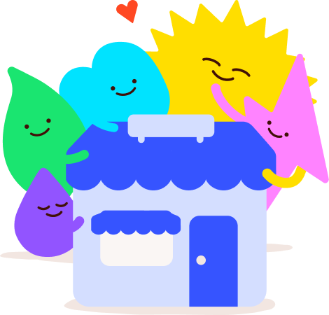 All the E.ON Next characters happily hugging a small business property.