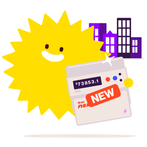 Sun character with new meter in front of business buildings