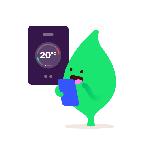 Leaf character looking at boiler smart thermostat holding a device