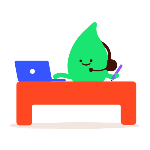 Leaf character working on a support call at a desk