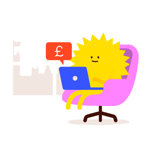 Sun character looking at government notification announcement with £ sign