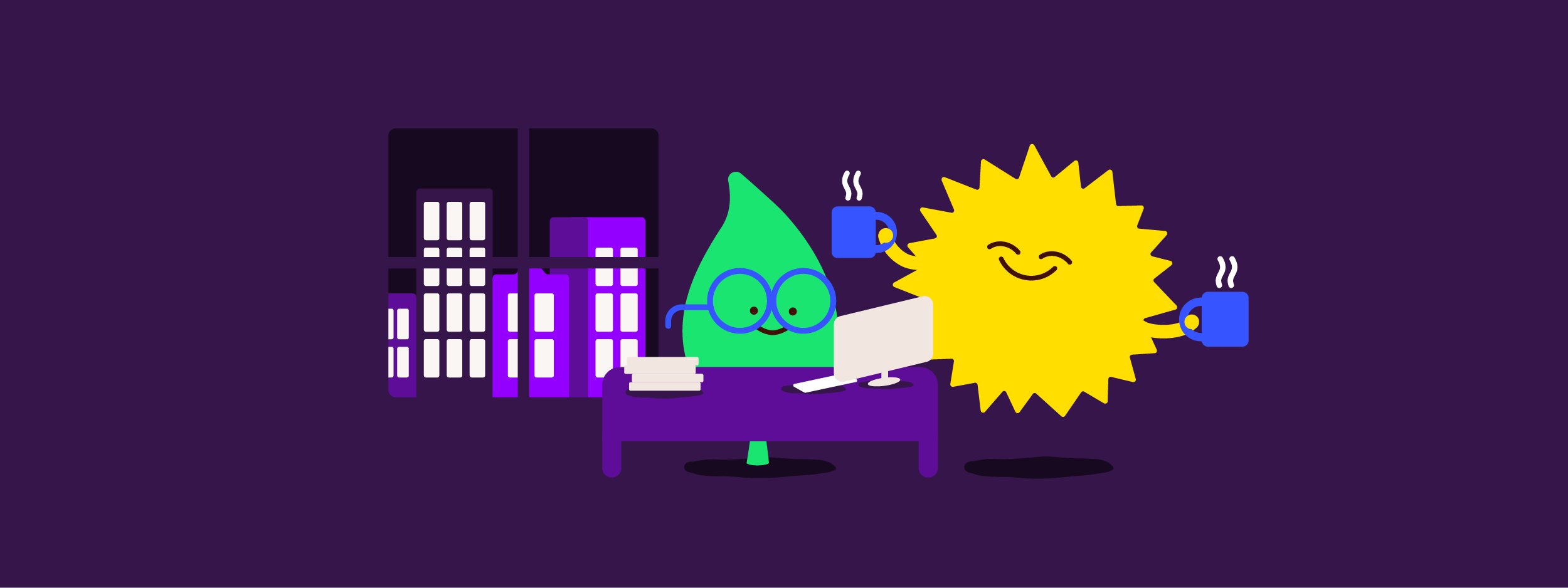 Characters Sun and Leaf in an office environment.