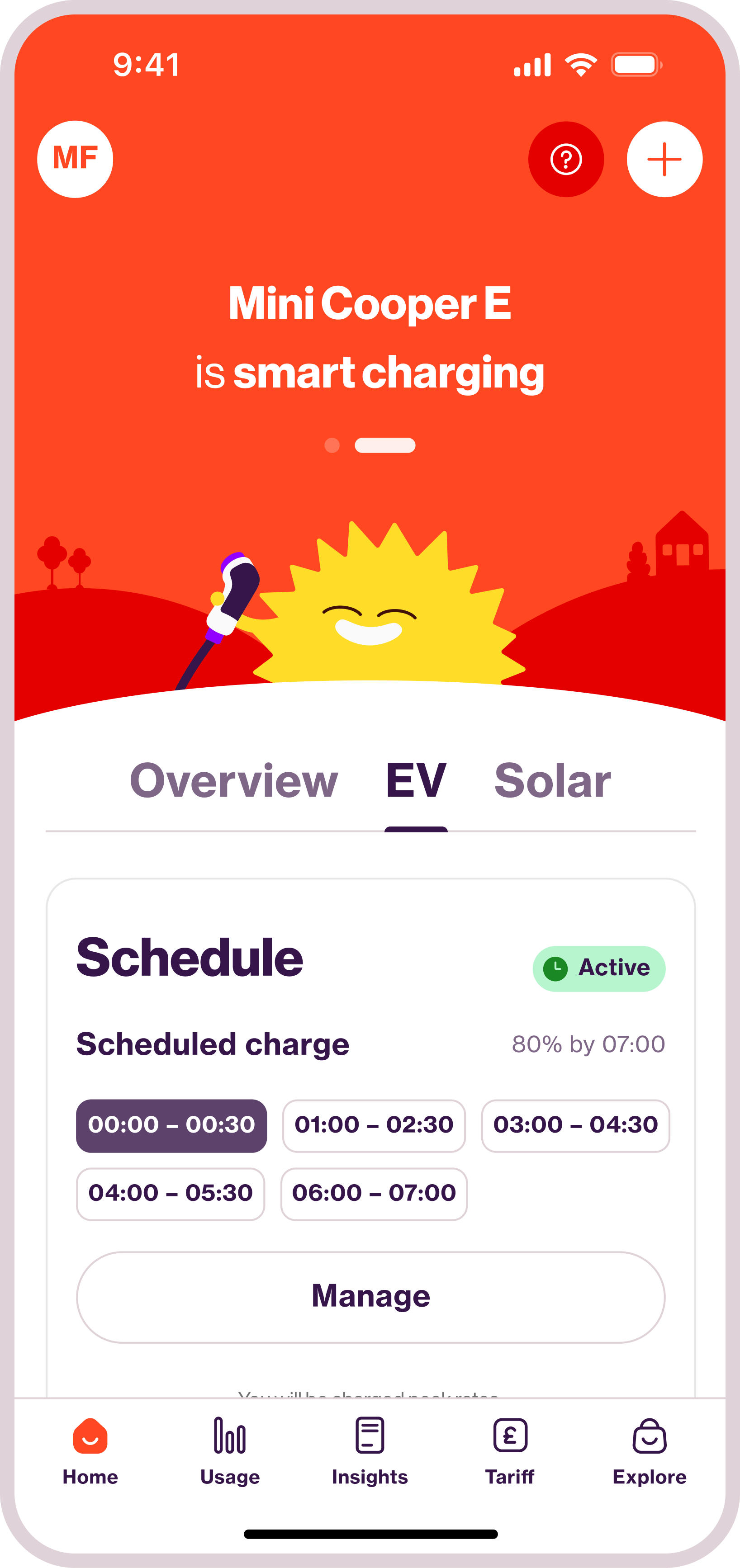 E.ON Next Home app EV schedule page