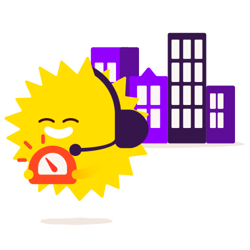 Sun character holding smart meter in front of business buildings