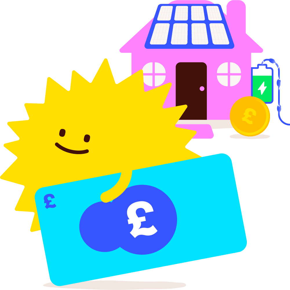 Sun character with pound note with solar panel house in background