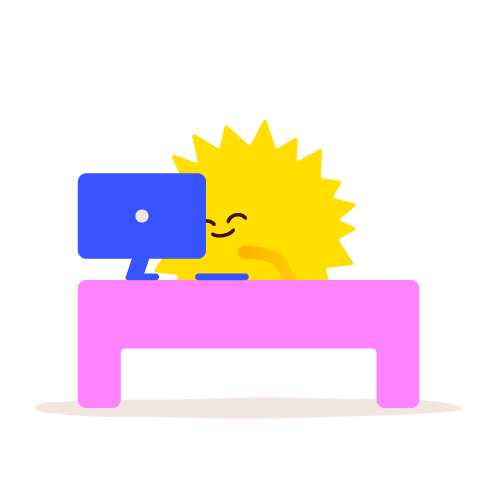 Smiling Sun character working at a desk