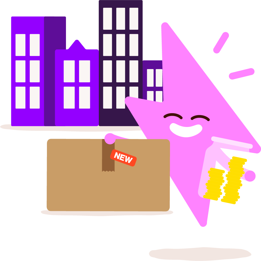 Flash character holding a box and money jar in front of business buildings