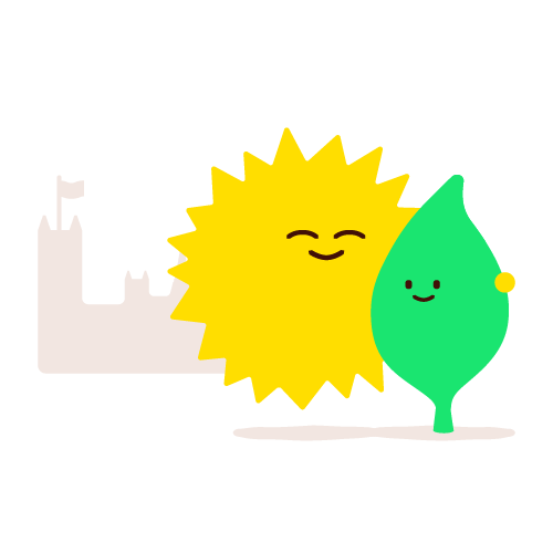 Sun and Leaf characters next to government buildings