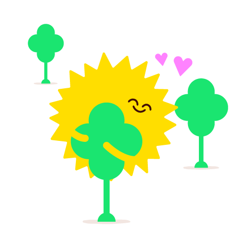 Happy Sun character hugging trees