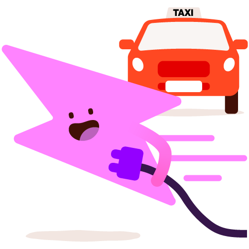Flash character with an ultrafast EV charger and red taxi in the background