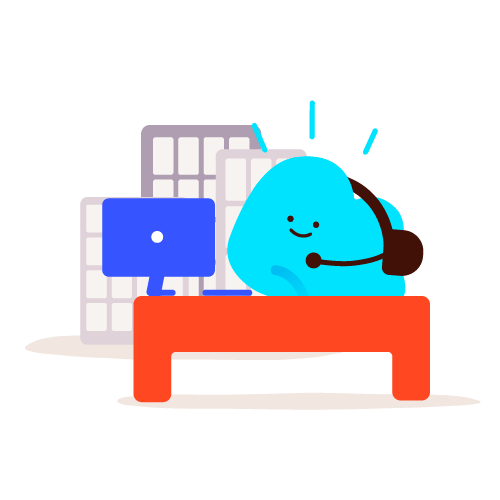 Cloud character supporting businesses at a desk with a computer and headset