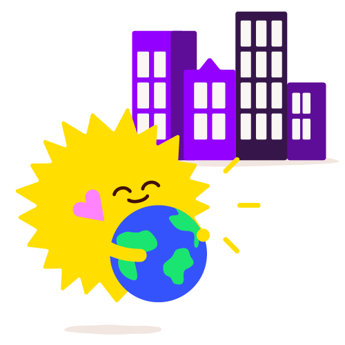 Happy Sun character hugging the planet outside a business area