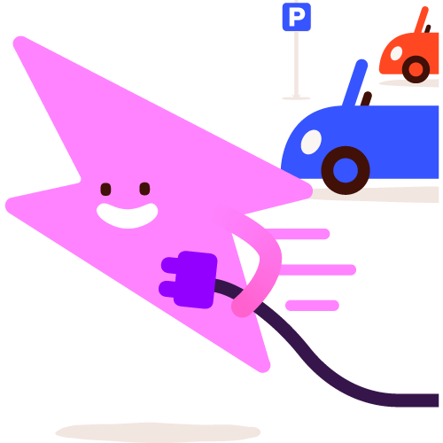 Flash character holding a rapid EV charger with two cars in the background