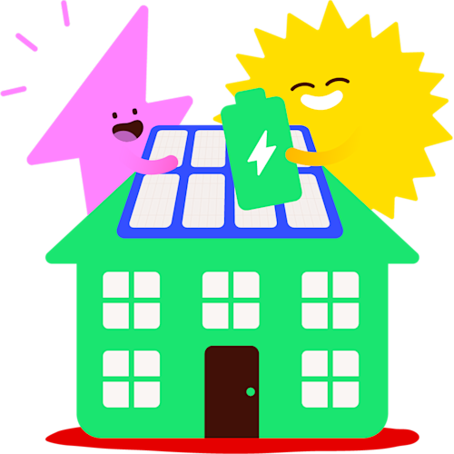 Flash and Sun characters on top a solar panel and home battery house