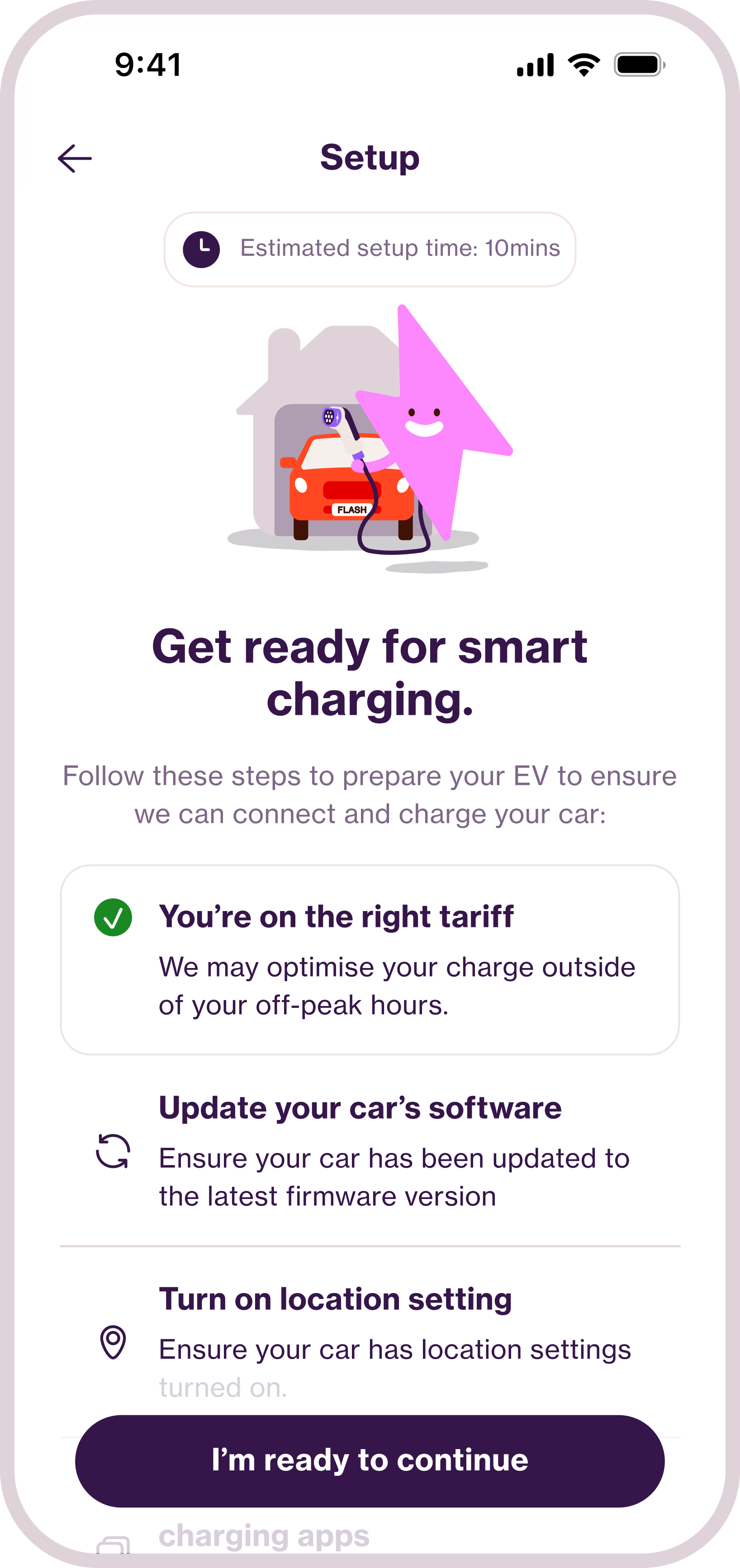 E.ON Next Home app EV setup page - Get ready for smart charging