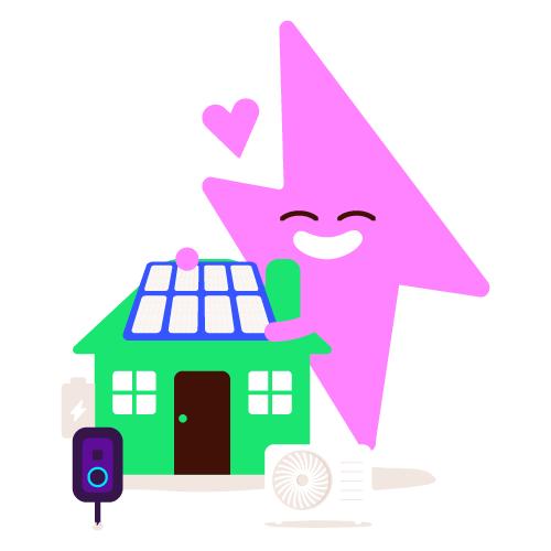 Flash character hugging new build home with solutions and happy hearts