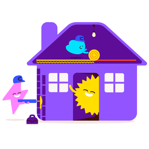 Flash, Sun and Cloud characters installing wall and roof home insulation.