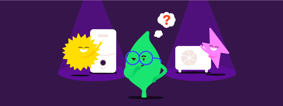 E.ON Next characters Sun, Leaf and Flash looking at boiler and a heat pump