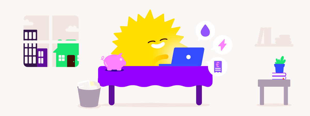 Sun character learning about energy topics at their laptop.
