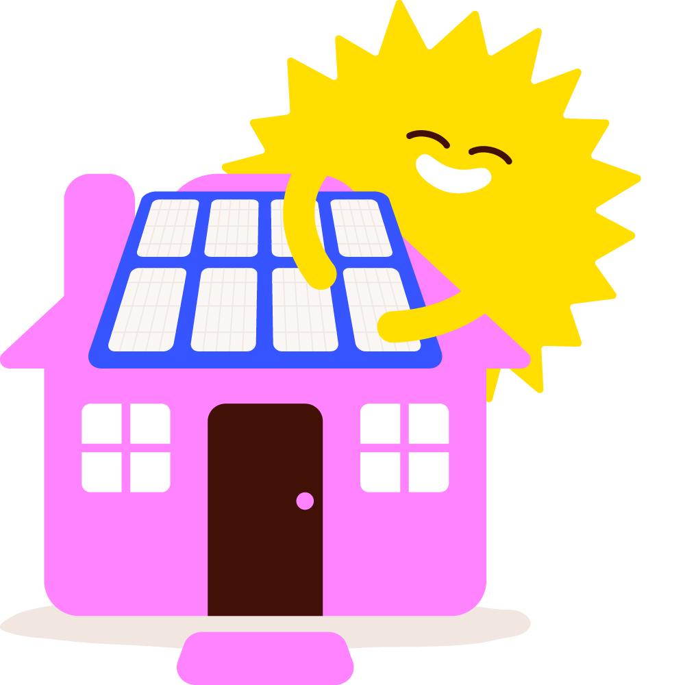 Sun character on a house with solar panel s.