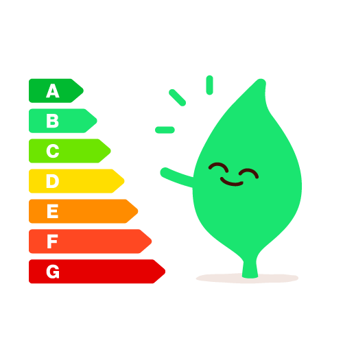 Smiling Leaf character next to home EPC Energy Performance Certificate rating chart
