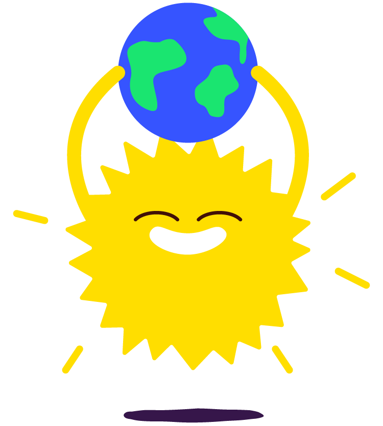 Sun character holding the Earth